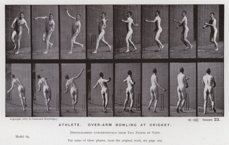 La figura humana en movimiento: Atleta, lanzamiento de cricket con brazo extendido de Eadweard Muybridge