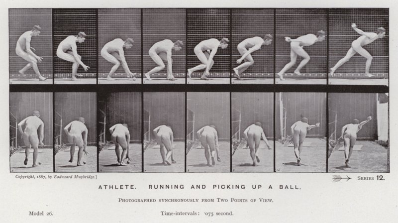 La figura humana en movimiento: Atleta, corriendo y recogiendo una pelota de Eadweard Muybridge