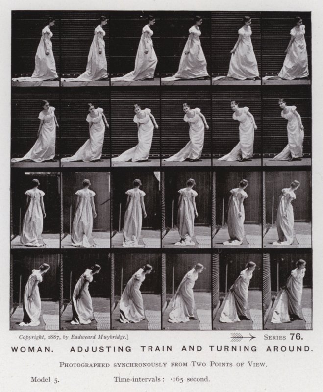 La figura humana en movimiento: Mujer, ajustando el vestido y girando de Eadweard Muybridge