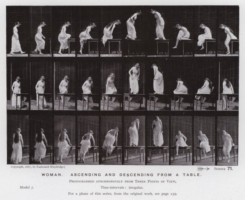 La figura humana en movimiento: Mujer, subiendo y bajando de una mesa de Eadweard Muybridge