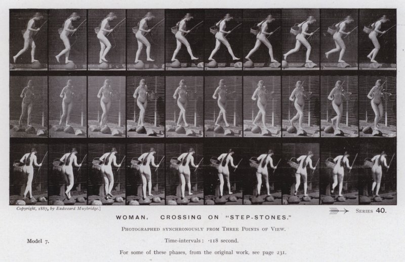 La figura humana en movimiento: Mujer, cruzando sobre "piedras de paso" de Eadweard Muybridge