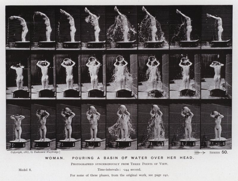 La Figura Humana en Movimiento: Mujer, vertiendo un cuenco de agua sobre su cabeza de Eadweard Muybridge
