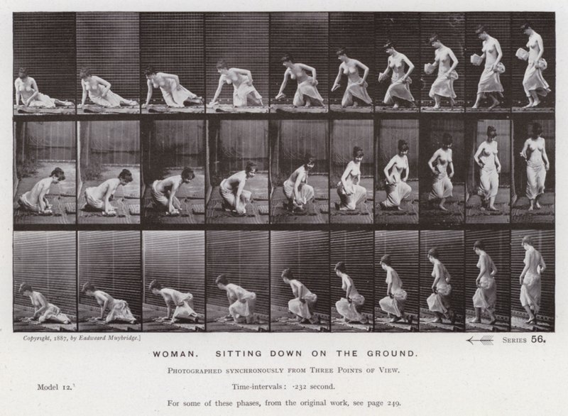 La figura humana en movimiento: Mujer, sentándose en el suelo de Eadweard Muybridge