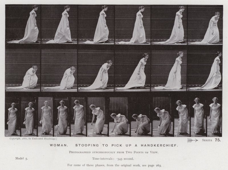 La Figura Humana en Movimiento: Mujer, agachándose para recoger un pañuelo de Eadweard Muybridge