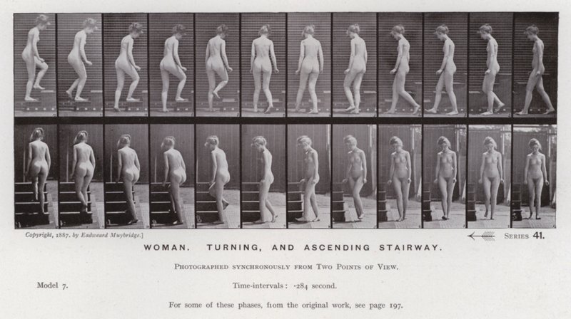 La Figura Humana en Movimiento: Mujer, girando y subiendo escalera de Eadweard Muybridge
