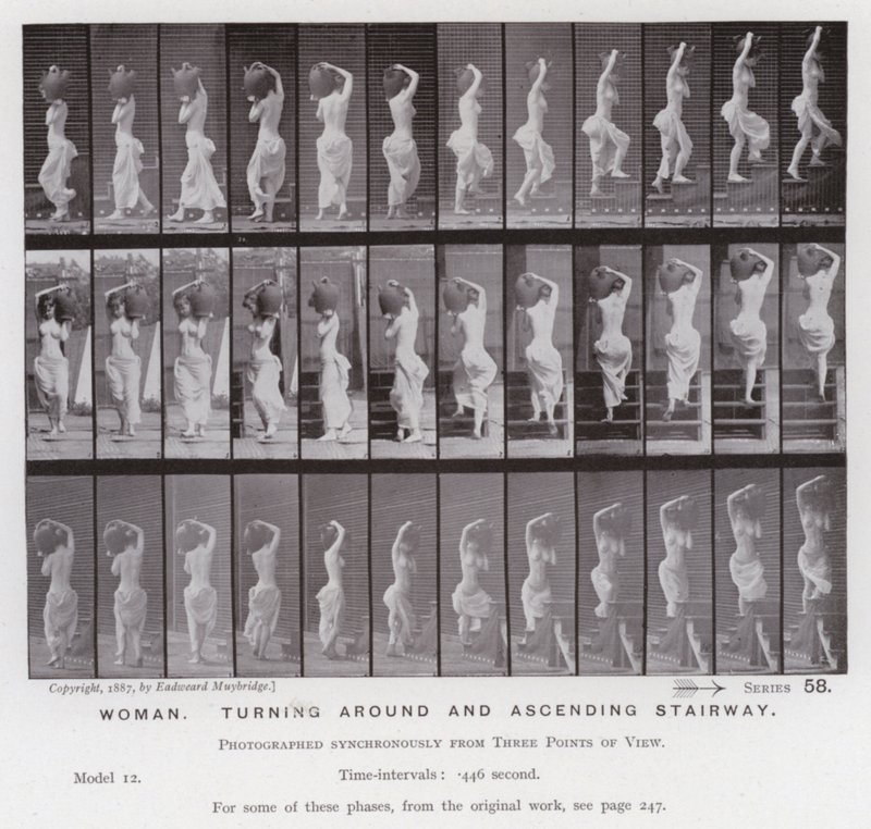 La Figura Humana en Movimiento: Mujer, girando y subiendo escalera de Eadweard Muybridge