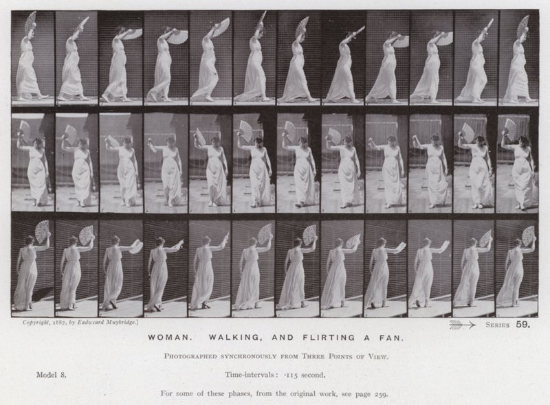 La figura humana en movimiento: Mujer, caminando y agitando un abanico de Eadweard Muybridge