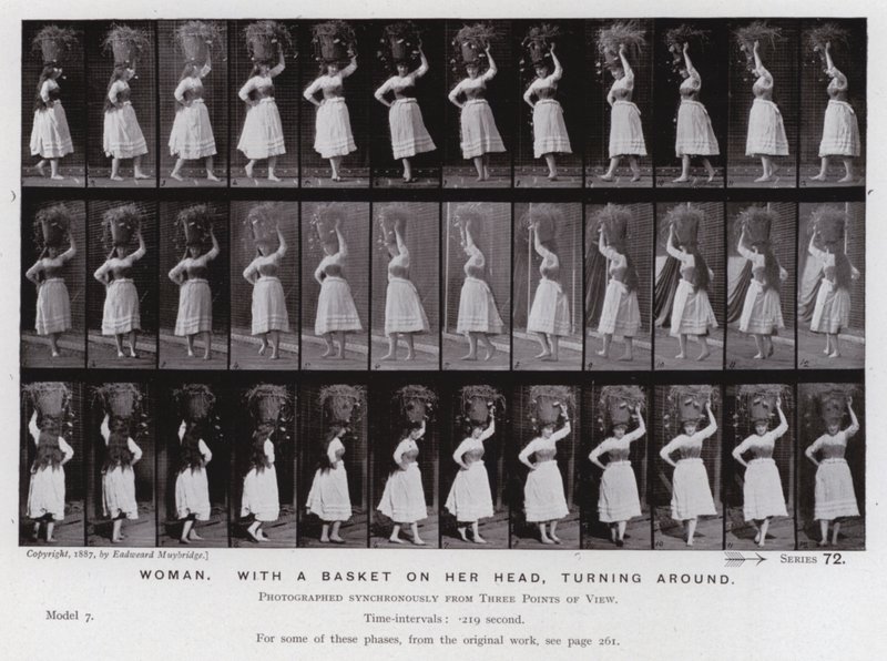 La figura humana en movimiento: Mujer, con una cesta en la cabeza, girando de Eadweard Muybridge