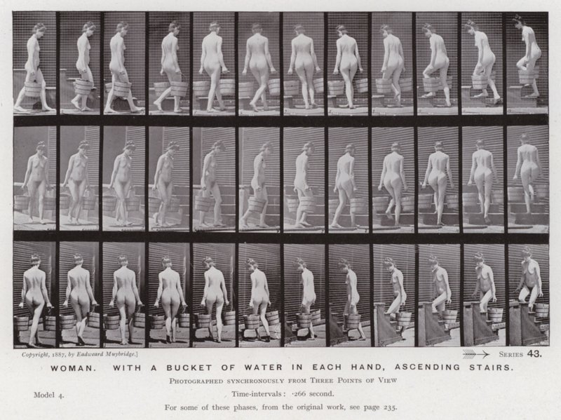La Figura Humana en Movimiento: Mujer, con un cubo de agua en cada mano, subiendo escaleras de Eadweard Muybridge