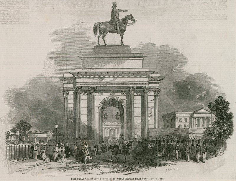 La gran estatua de Wellington y el Arco como aparecería desde Constitution Hill de Ebenezer Landells