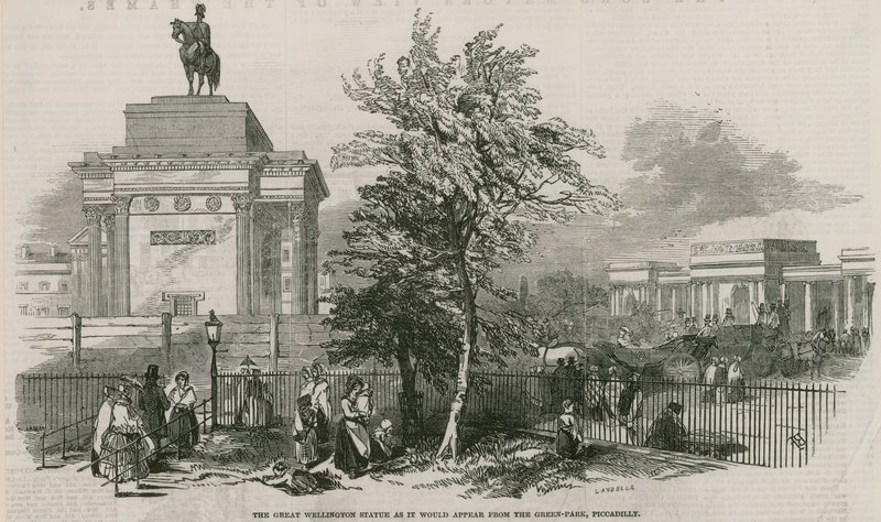 La gran estatua de Wellington y el Arco como aparecería desde Green Park, Piccadilly de Ebenezer Landells