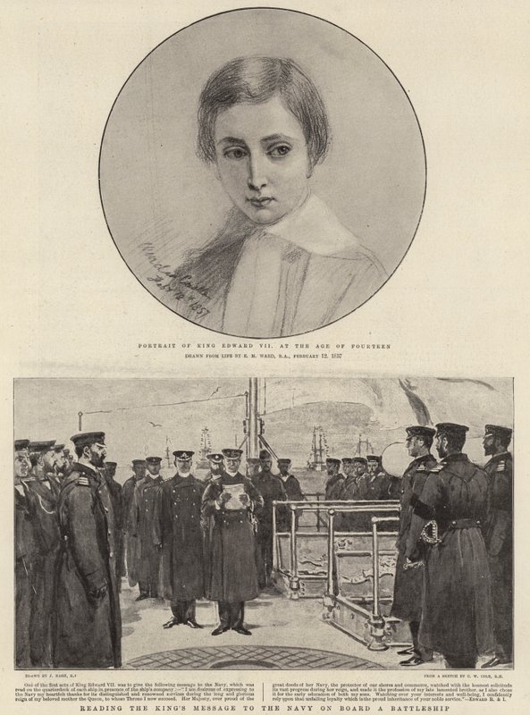 Retrato del Rey Eduardo VII a la edad de catorce años, leyendo el Mensaje del Rey a la Marina a bordo de un acorazado de Edgar Melville Ward