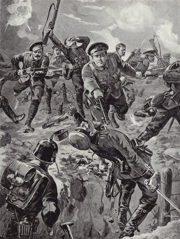 El cabo Joseph Davies y ocho hombres ahuyentando con bayonetas a un grupo de alemanes que los habían rodeado previamente, Delville Wood, Francia, 20 de julio de 1916 de Edgar Alfred Holloway