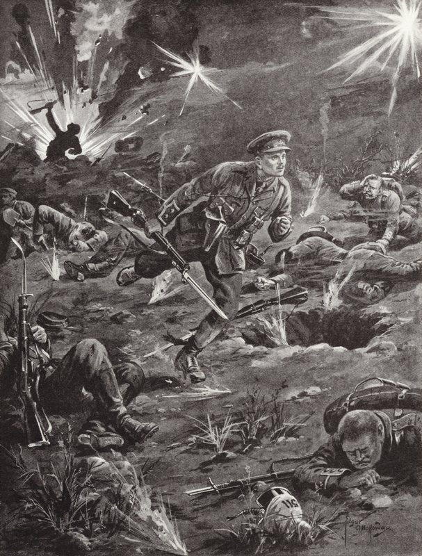 El Teniente Benjamin Geary apresurándose, bajo intenso fuego de artillería, a una trinchera a la derecha de la Colina 60 para ponerse en contacto con un oficial, Ypres, Bélgica, abril de 1915 de Edgar Alfred Holloway