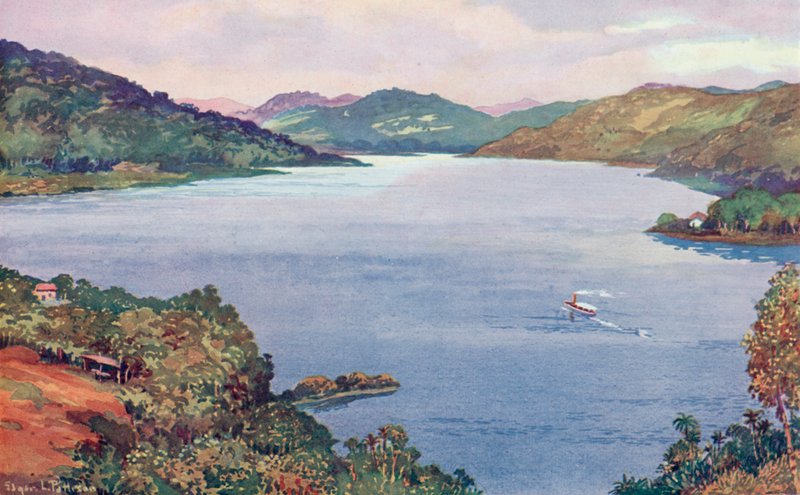 Un vistazo al gran lago artificial de Riberao das Lages, construido por la Compañía de Tranvías, Luz y Fuerza de Río de Janeiro (litografía en color) de Edgar L. Pattison