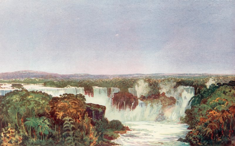 Vista parcial de las cataratas de Iguazú, cruce de Brasil, Paraguay y Argentina, aproximado desde el norte por el sistema de la Compañía de Ferrocarriles de Brasil (litografía en color) de Edgar L. Pattison