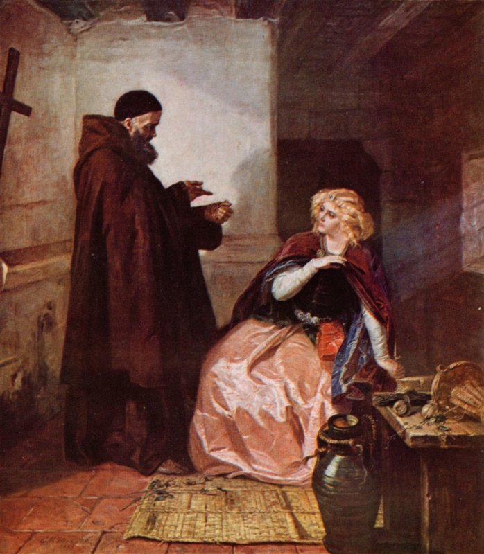 Shakespeare: Julieta y Fray Lorenzo, Romeo y Julieta, Acto IV, Escena 1 (litografia en color) de Edgar Melville (after) Ward