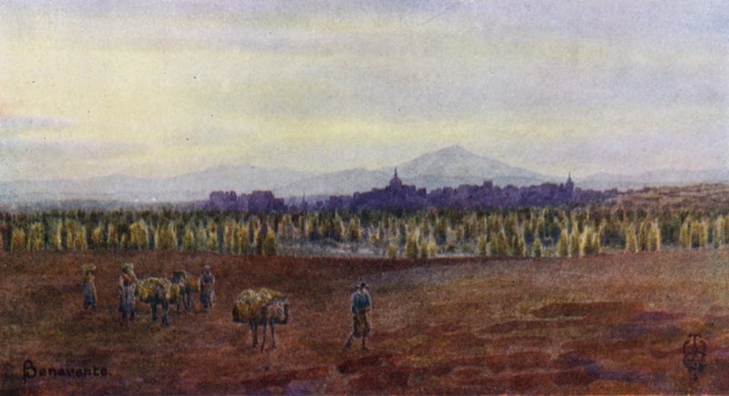 Norte de España: Benavente, Desde arriba del Puente de Castro Gonzalo (litografía en color) de Edgar T. A. Wigram