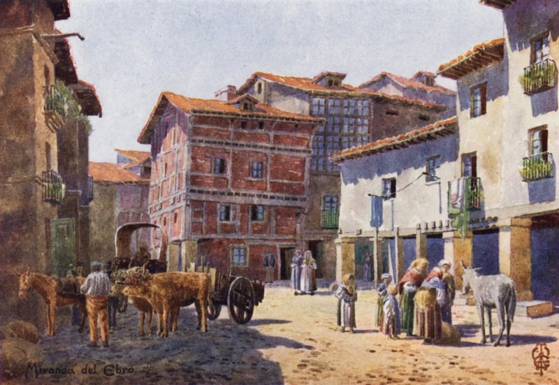 Norte de España: Miranda del Ebro, Un rincón en el pueblo (litografía en color) de Edgar T. A. Wigram