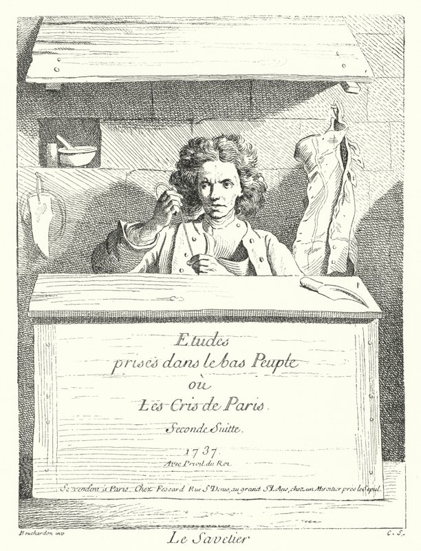 El zapatero (grabado) de Edmé (after) Bouchardon
