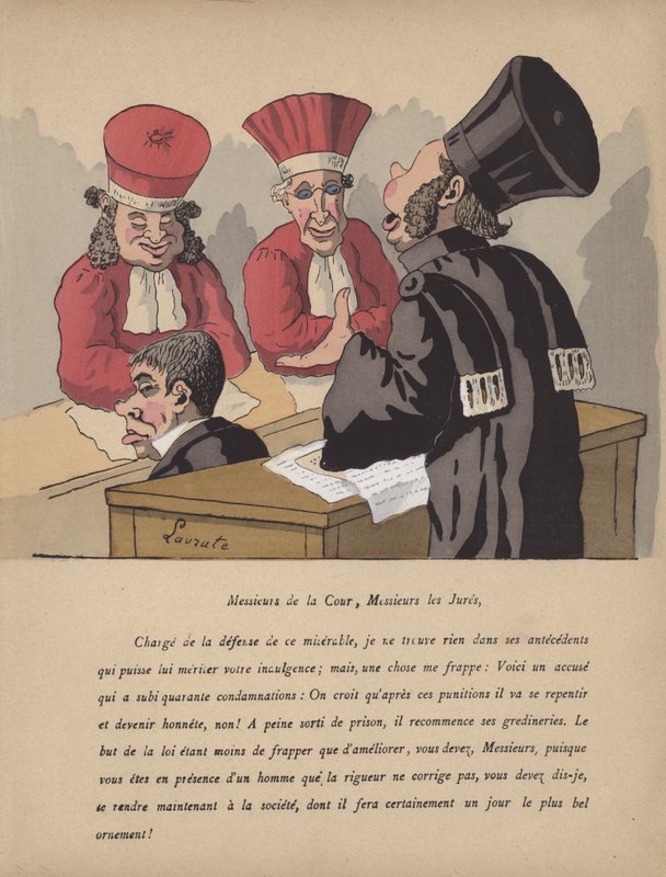 Escena en la sala del tribunal (litografía en color) de Edmond Lavrate