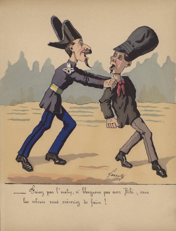 Policía arrestando a un ladrón (litografía en color) de Edmond Lavrate