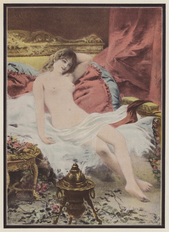 Delerium, mujer sentada en un sofá (litografía en color) de Edmond Louis Dupain