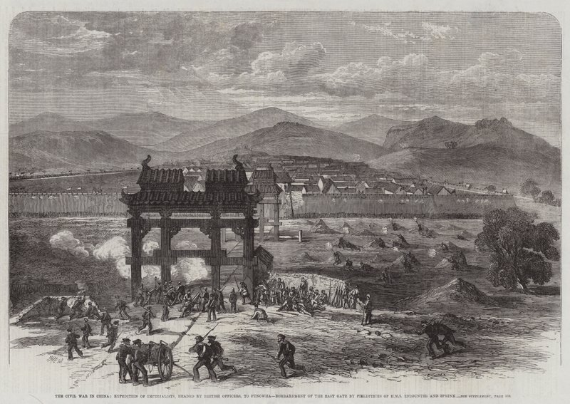 La guerra civil en China, expedición de imperialistas, encabezada por oficiales británicos, a Fungwha, bombardeo de la puerta este por piezas de campo del HMS Encounter y Sphinx de Edmund Morison Wimperis
