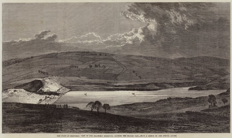 La inundación en Sheffield, vista del embalse de Bradfield, mostrando la presa rota de Edmund Morison Wimperis