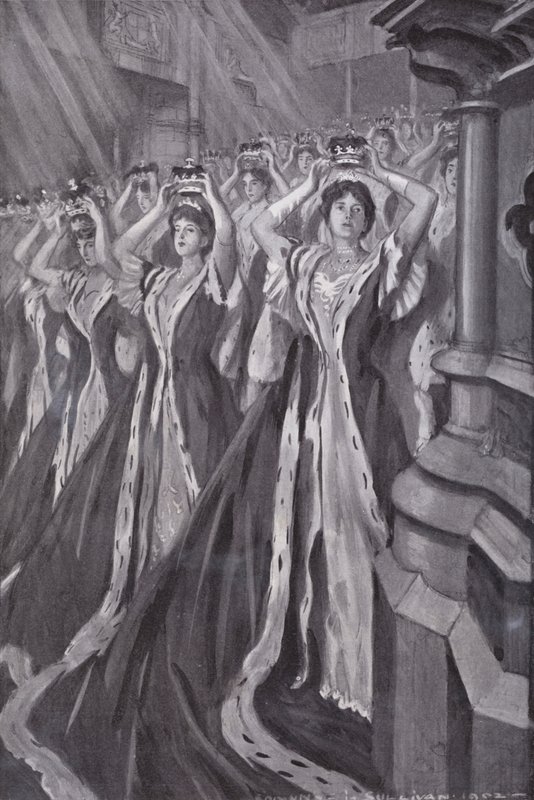 Damas poniéndose sus coronas en la coronación de la Reina Alexandra, consorte del Rey Eduardo VII, Abadía de Westminster, Londres de Edmund Joseph (after) Sullivan