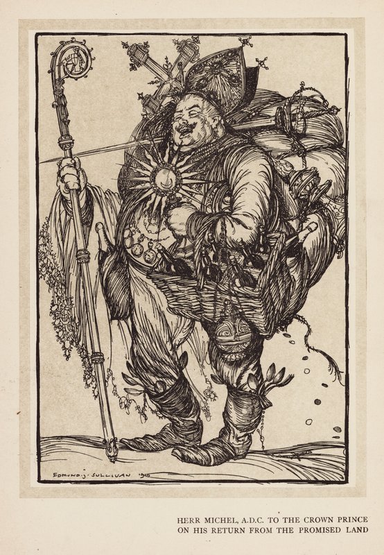 La guirnalda del Kaiser: Herr Michel, ayudante del príncipe heredero a su regreso de la Tierra Prometida (litografía) de Edmund Joseph (after) Sullivan