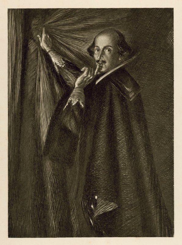 William Shakespeare sosteniendo la cortina y diciéndonos que guardemos silencio de Edmund Joseph Sullivan