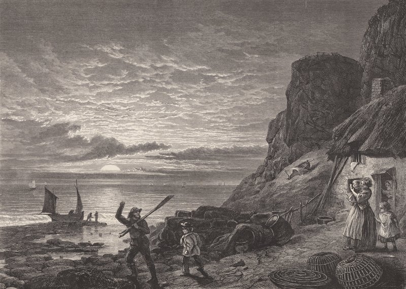 Pescadores padre e hijo despidiéndose de su familia (grabado) de Edmund Morison (after) Wimperis