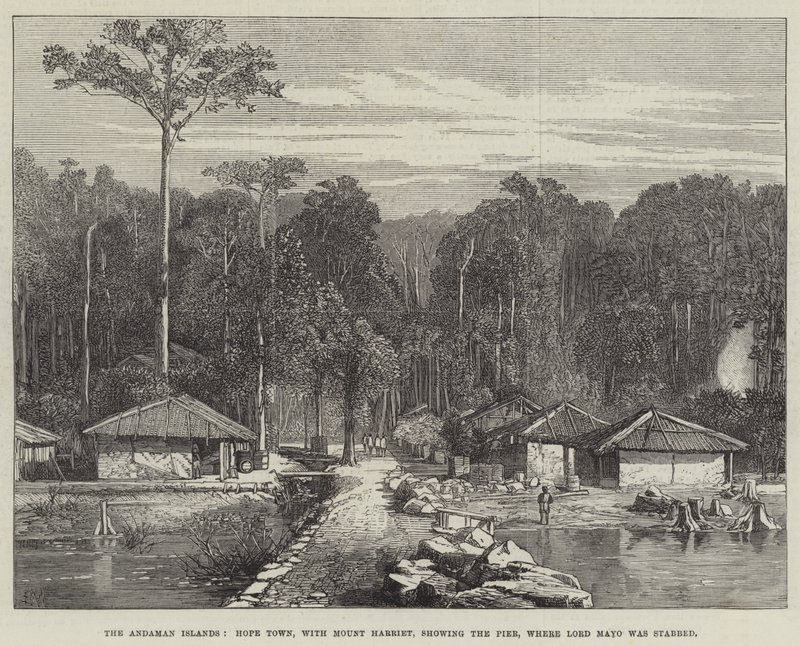 Las Islas Andamán, Hope Town, con el Monte Harriet, mostrando el muelle donde Lord Mayo fue apuñalado de Edmund Morison Wimperis