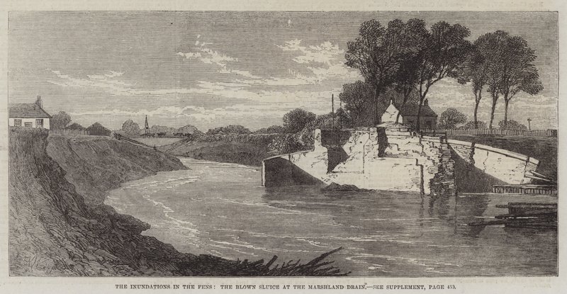Las inundaciones en los Fens, la esclusa rota en el drenaje de Marshland de Edmund Morison Wimperis