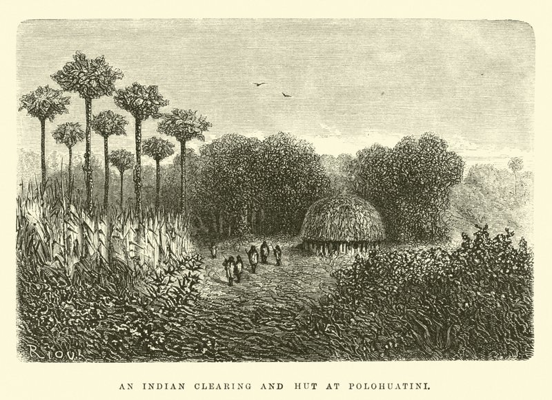 Despeje indio y cabaña en Polohuatini de Edouard Riou