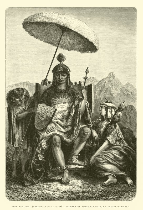 Inca y Coya (Emperador y Emperatriz), atendidos por su Ccumillu, o Enano Deforme de Edouard Riou