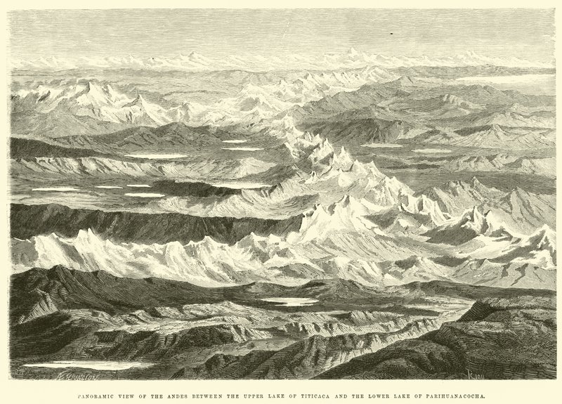 Vista Panorámica de los Andes entre el Lago Superior de Titicaca y el Lago Inferior de Parihuanacocha de Edouard Riou