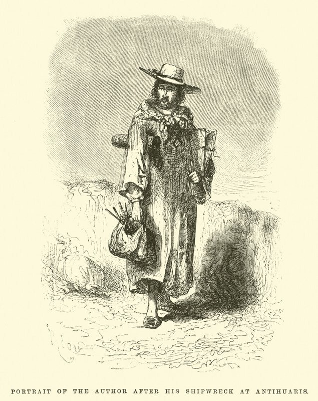 Retrato del autor después de su naufragio en Antihuaris de Edouard Riou