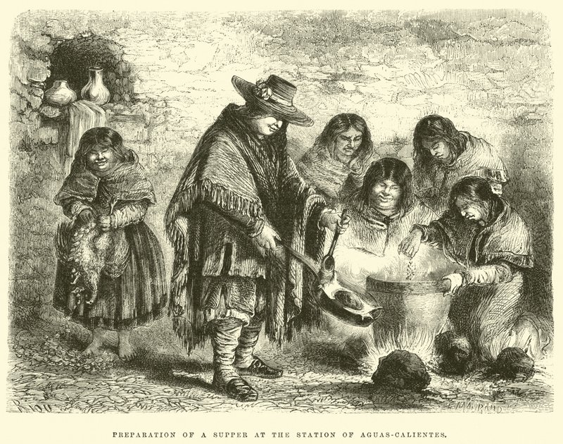 Preparación de una cena en la Estación de Aguas-Calientes de Edouard Riou