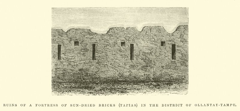 Ruinas de una fortaleza de ladrillos de barro (tapias) en el Distrito de Ollantay-Tampu de Edouard Riou