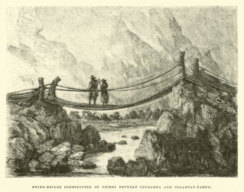 Puente colgante construido de mimbres entre Urubamba y Ollantay-Tampu de Edouard Riou