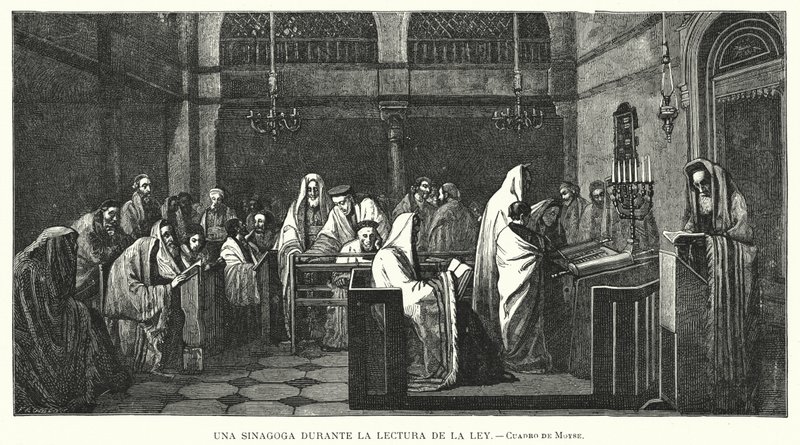 Sinagoga durante una lectura de la Torá de Edouard Moyse