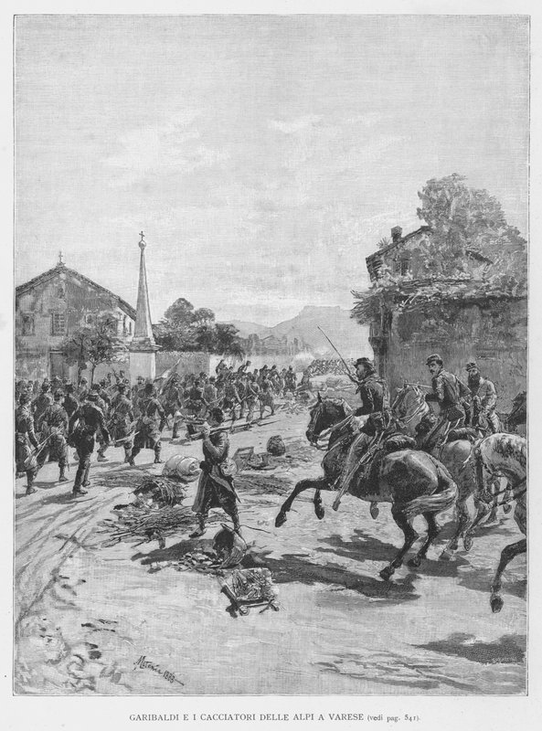 Garibaldi y los cazadores de los Alpes en Varese de Edouardo Matania