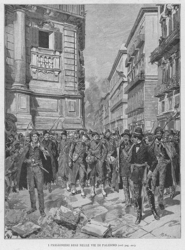 Los prisioneros reales en las calles de Palermo (grabado) de Edouardo Matania