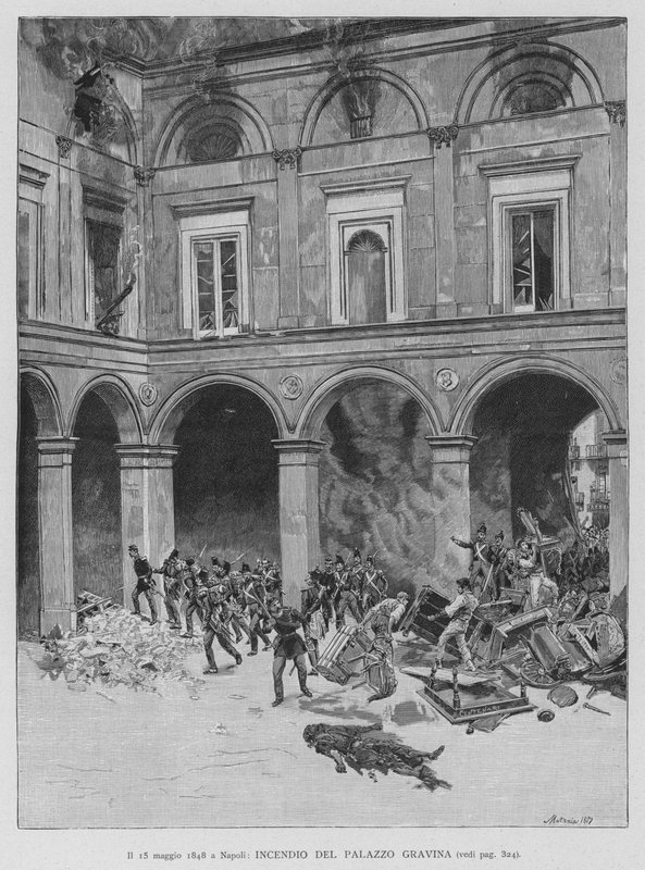 El 15 de mayo de 1848 en Nápoles, incendio del Palacio Gravina de Edouardo Matania