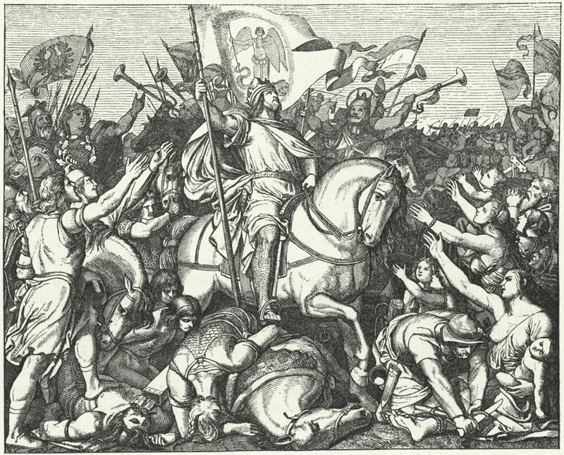 Enrique el Pajarero, Rey de Francia Oriental, después de su victoria sobre los magiares en la Batalla de Riade, 933 de Eduard Bendemann