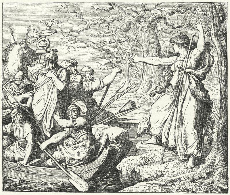 El general romano Nerón Claudio Druso en el río Elba, 9 a.C. de Eduard Bendemann