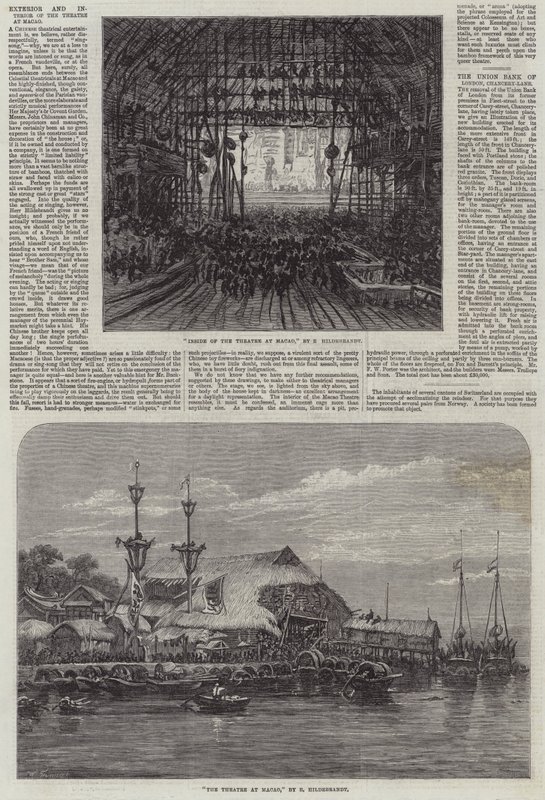 Exterior e interior del teatro en Macao de Eduard Hildebrandt