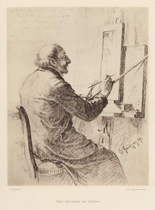 Retrato de Carl Spitzweg, pintor romántico alemán (litografía) de Eduard von (after) Grutzner